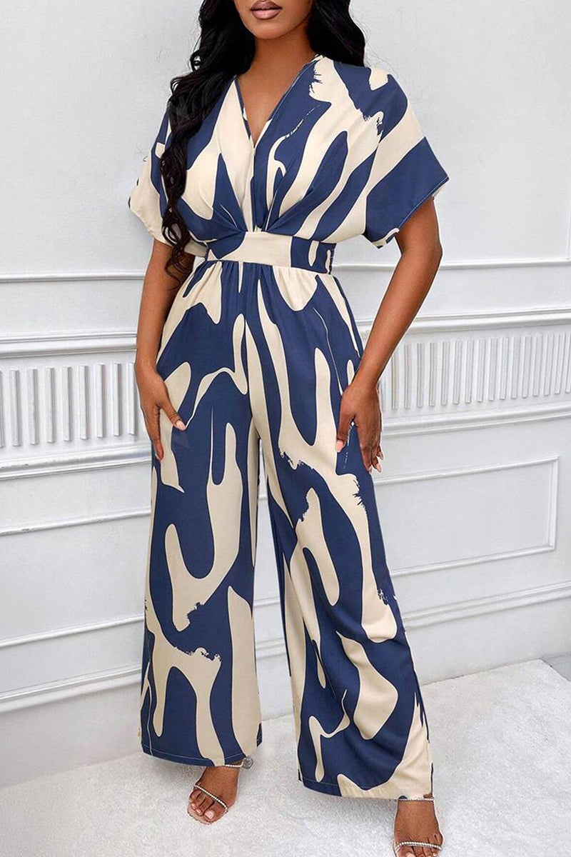 Trendy V-Neck Allover Print Thin Waist Wide Leg Jumpsuit-KATCH ME