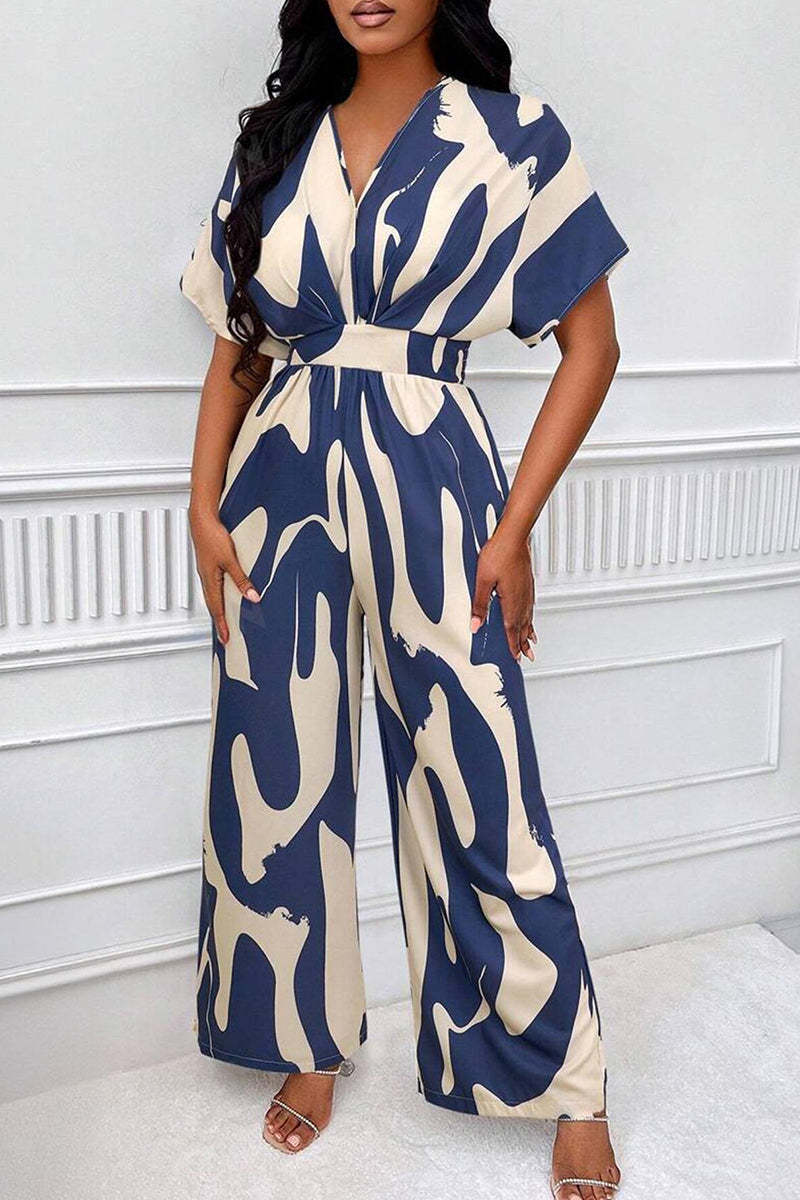 Trendy V-Neck Allover Print Thin Waist Wide Leg Jumpsuit-KATCH ME