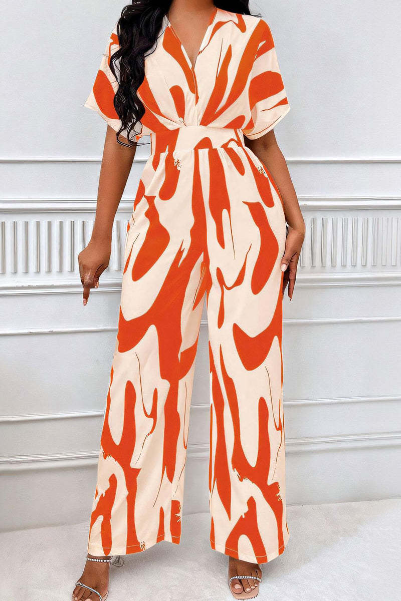Trendy V-Neck Allover Print Thin Waist Wide Leg Jumpsuit-KATCH ME