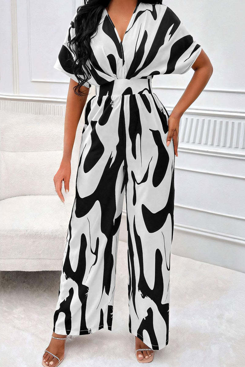 Trendy V-Neck Allover Print Thin Waist Wide Leg Jumpsuit-KATCH ME