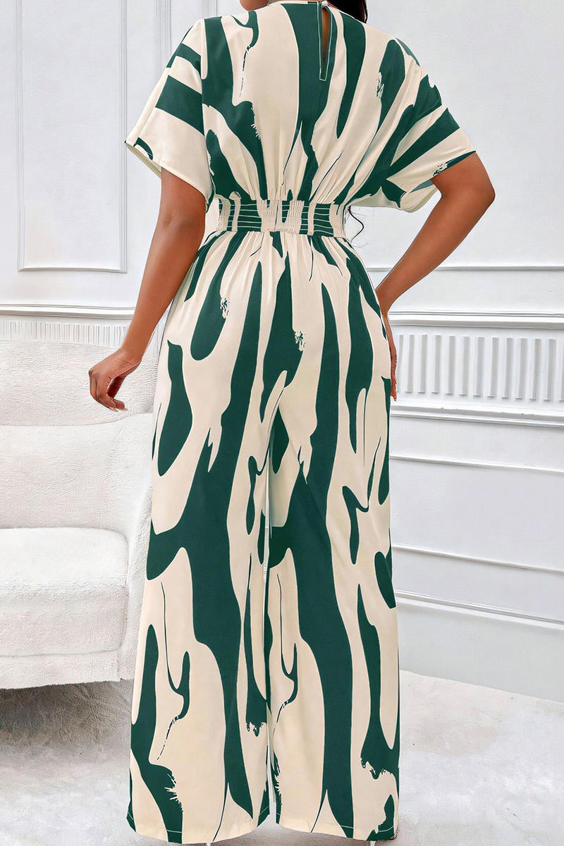 Trendy V-Neck Allover Print Thin Waist Wide Leg Jumpsuit-KATCH ME
