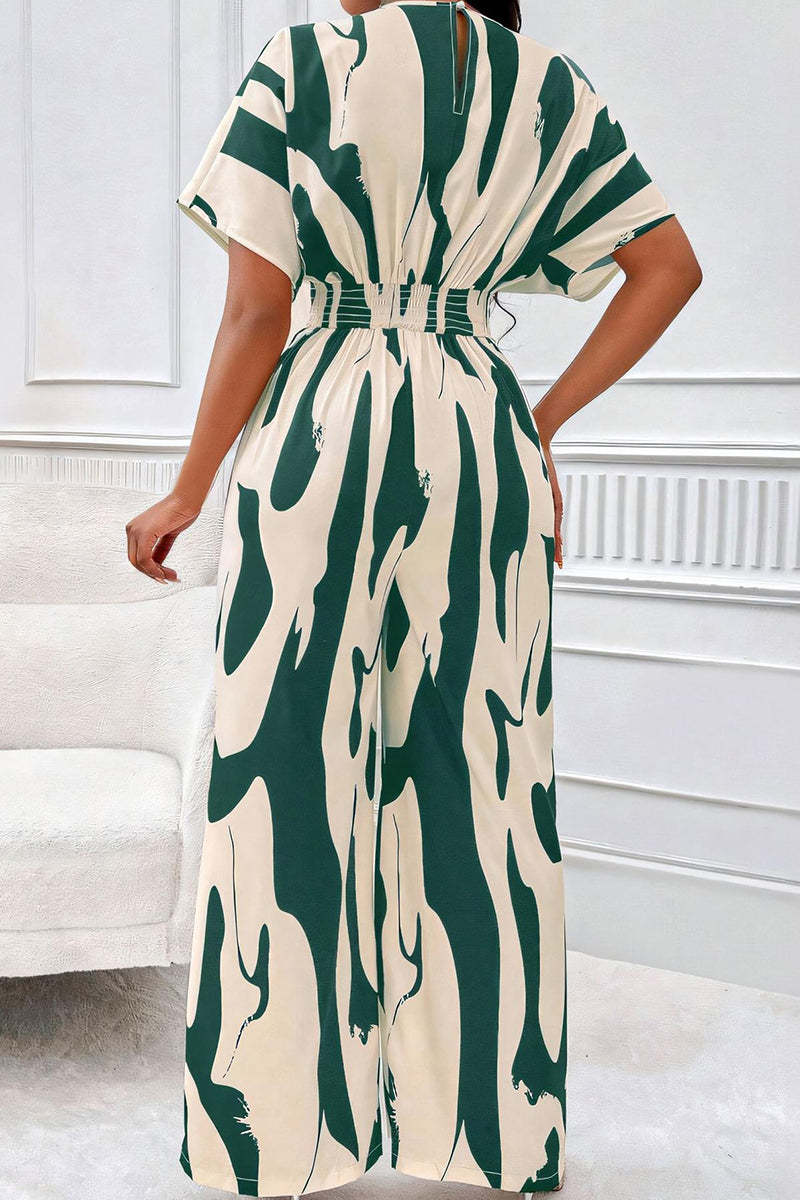 Trendy V-Neck Allover Print Thin Waist Wide Leg Jumpsuit-KATCH ME