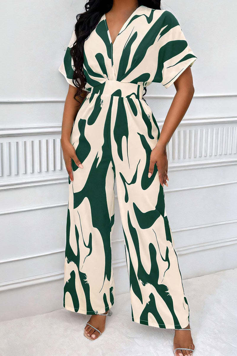 Trendy V-Neck Allover Print Thin Waist Wide Leg Jumpsuit-KATCH ME