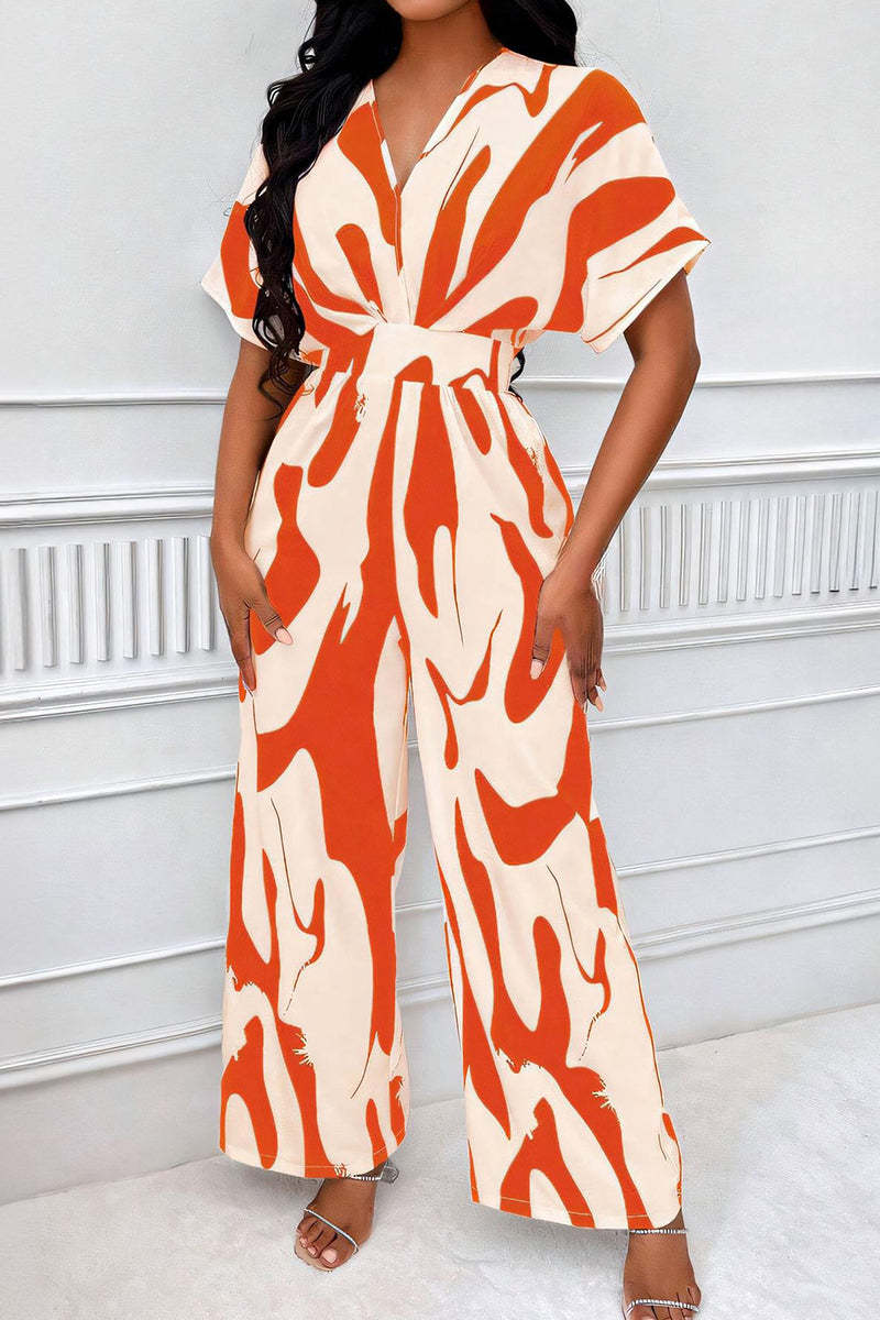 Trendy V-Neck Allover Print Thin Waist Wide Leg Jumpsuit-KATCH ME