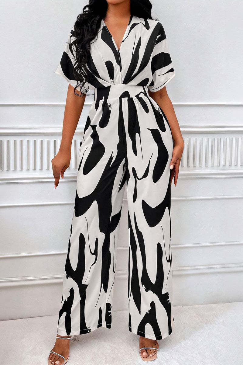 Trendy V-Neck Allover Print Thin Waist Wide Leg Jumpsuit-KATCH ME