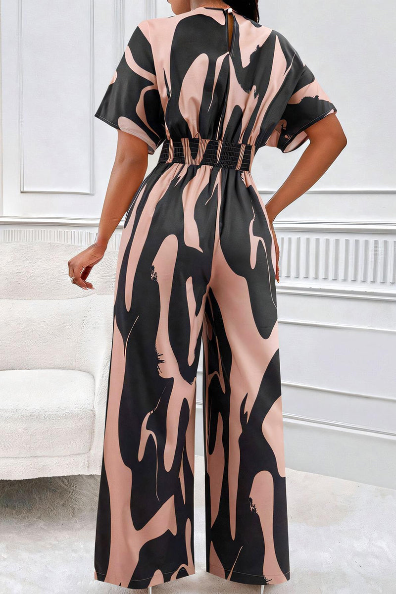 Trendy V-Neck Allover Print Thin Waist Wide Leg Jumpsuit-KATCH ME