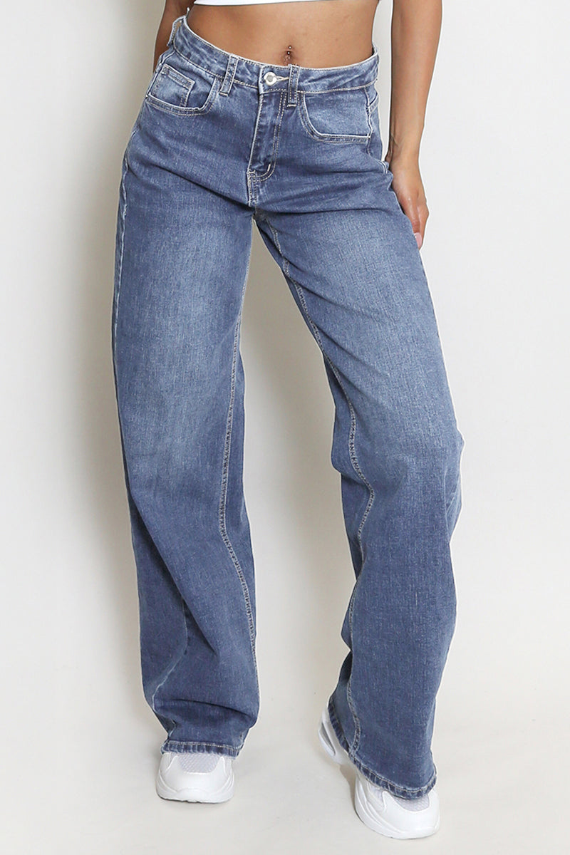 【Tall】Casual Mid-Rise Denim Multi-Pocket Wide Leg Jeans-KATCH ME