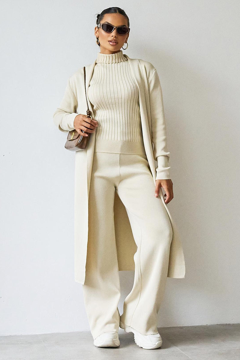 Turtle Neck Tank & Wide Leg Trousers with Cardigan Three-Piece Set-KATCH ME