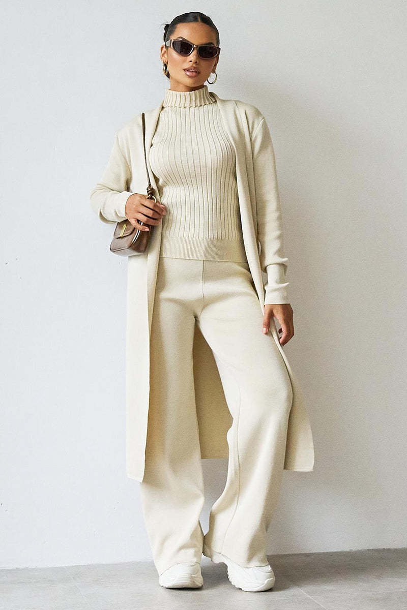 Turtle Neck Tank & Wide Leg Trousers with Cardigan Three-Piece Set-KATCH ME
