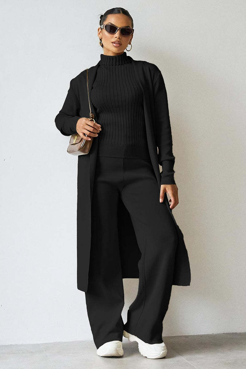Turtle Neck Tank & Wide Leg Trousers with Cardigan Three-Piece Set-KATCH ME