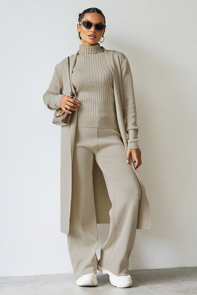 Turtle Neck Tank & Wide Leg Trousers with Cardigan Three-Piece Set-KATCH ME