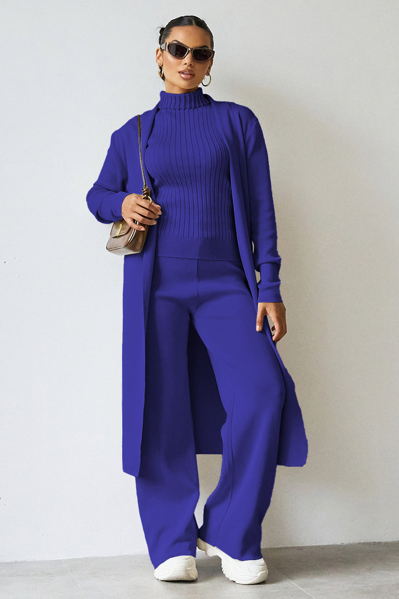 Turtle Neck Tank & Wide Leg Trousers with Cardigan Three-Piece Set-KATCH ME
