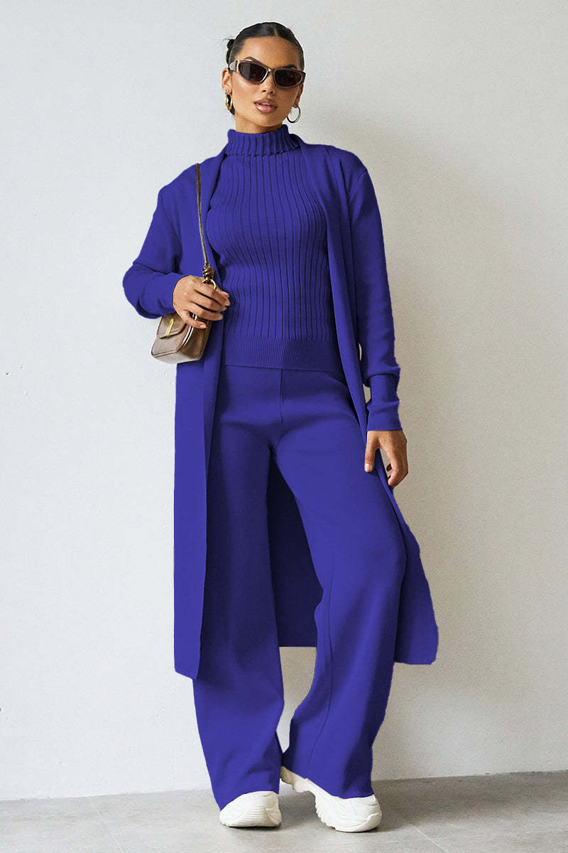 Turtle Neck Tank & Wide Leg Trousers with Cardigan Three-Piece Set-KATCH ME
