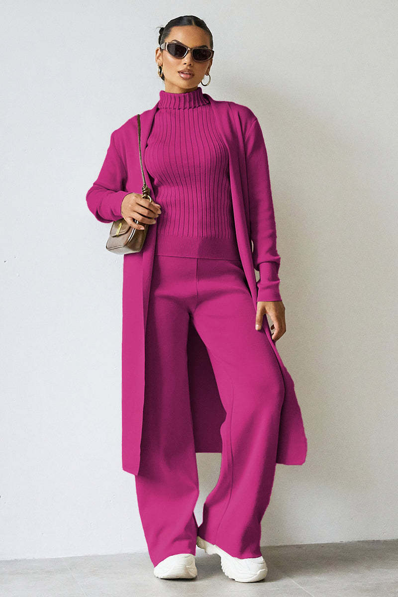 Turtle Neck Tank & Wide Leg Trousers with Cardigan Three-Piece Set-KATCH ME