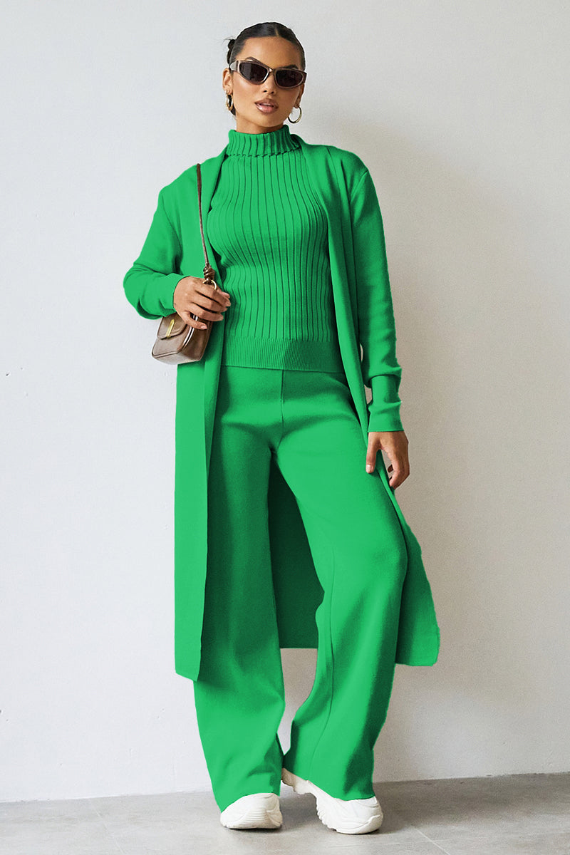 Turtle Neck Tank & Wide Leg Trousers with Cardigan Three-Piece Set-KATCH ME