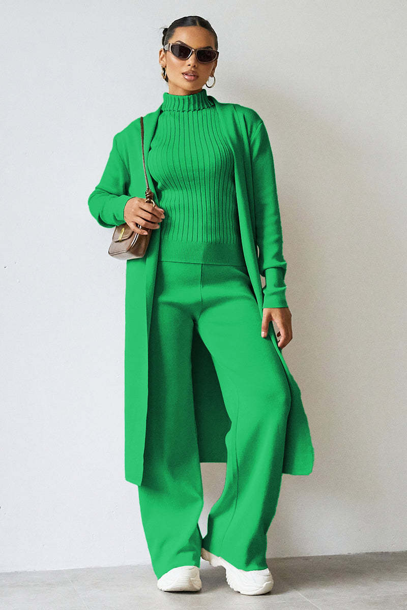 Turtle Neck Tank & Wide Leg Trousers with Cardigan Three-Piece Set-KATCH ME