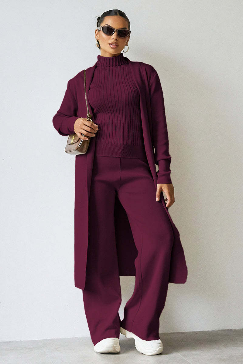 Turtle Neck Tank & Wide Leg Trousers with Cardigan Three-Piece Set-KATCH ME