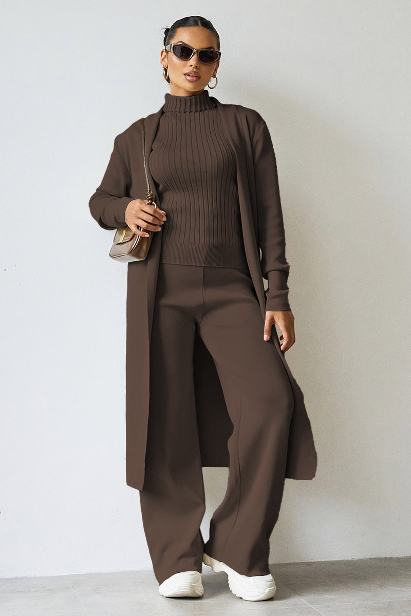 Turtle Neck Tank & Wide Leg Trousers with Cardigan Three-Piece Set-KATCH ME