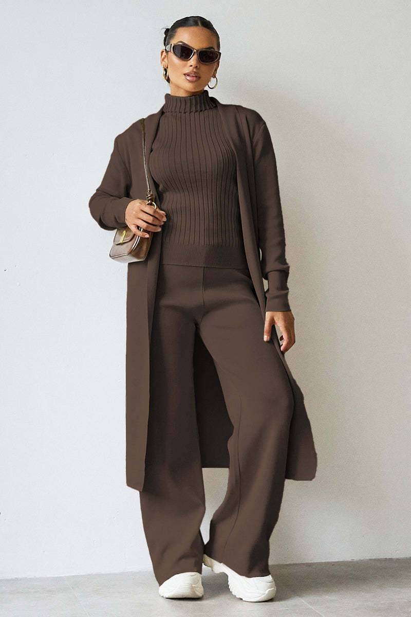 Turtle Neck Tank & Wide Leg Trousers with Cardigan Three-Piece Set-KATCH ME