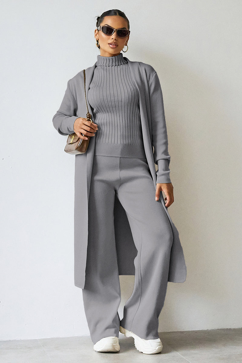 Turtle Neck Tank & Wide Leg Trousers with Cardigan Three-Piece Set-KATCH ME