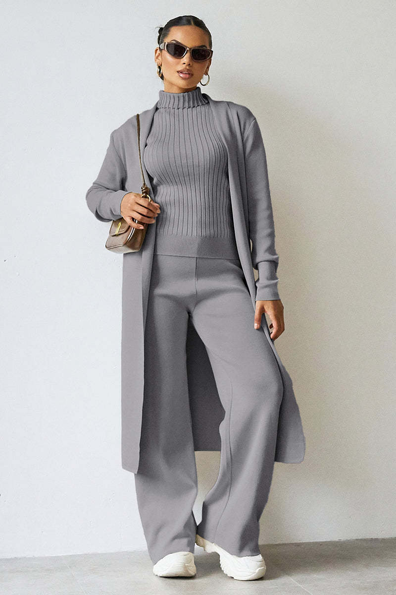 Turtle Neck Tank & Wide Leg Trousers with Cardigan Three-Piece Set-KATCH ME