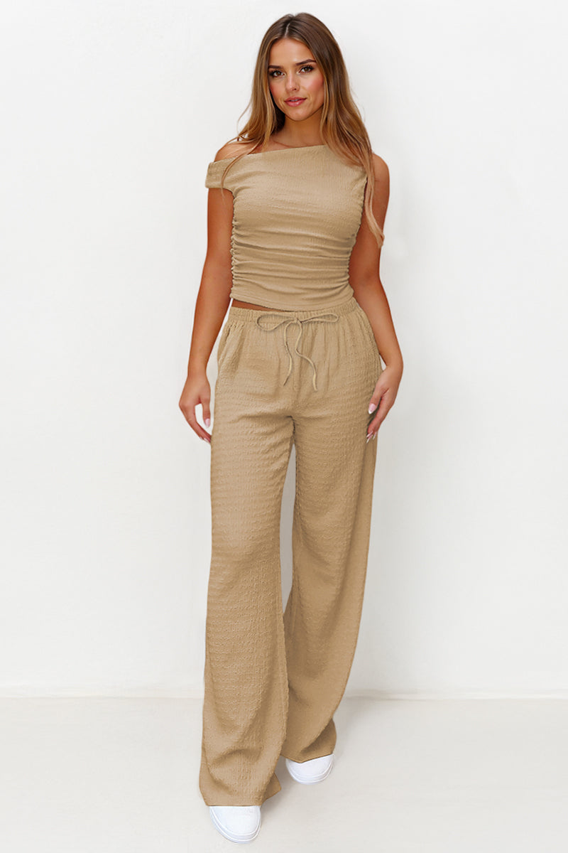 Solid Sloping-Shoulder Shirred Slim Top & Wide-Leg Trousers 2-Piece Co