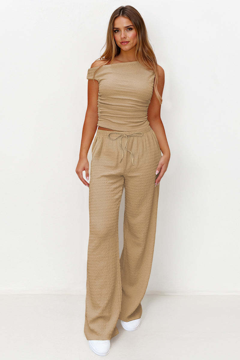 Solid Sloping-Shoulder Shirred Slim Top & Wide-Leg Trousers 2-Piece Co