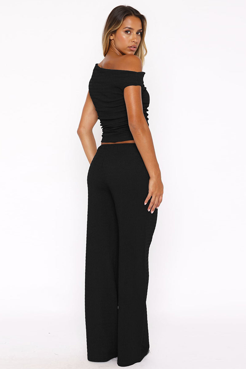 Solid Sloping-Shoulder Shirred Slim Top & Wide-Leg Trousers 2-Piece Co-ord Set