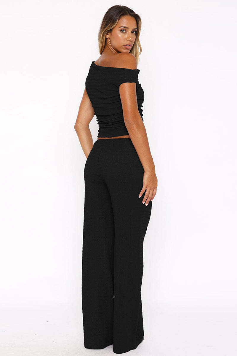 Solid Sloping-Shoulder Shirred Slim Top & Wide-Leg Trousers 2-Piece Co-ord Set