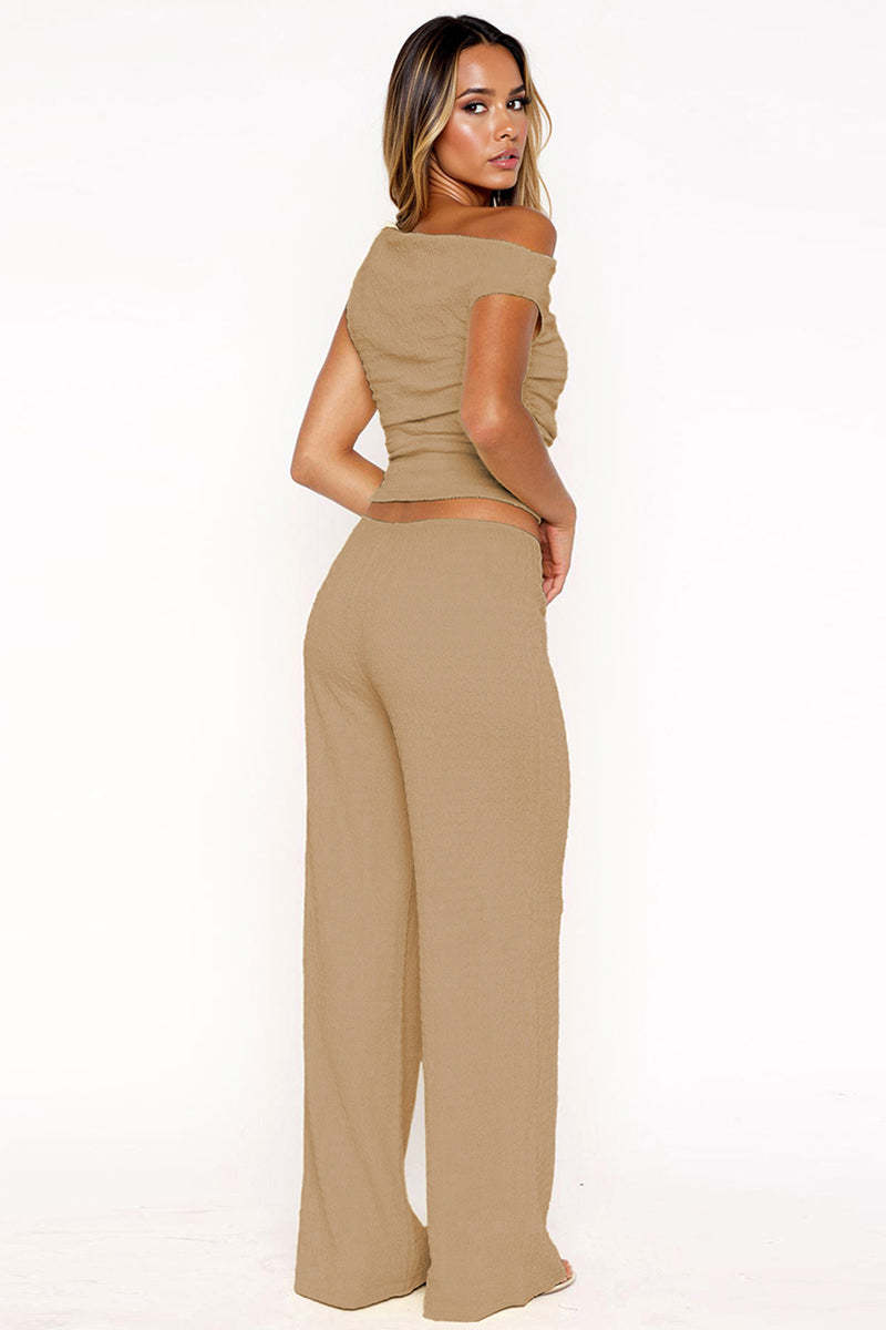 Solid Sloping-Shoulder Shirred Slim Top & Wide-Leg Trousers 2-Piece Co-ord Set