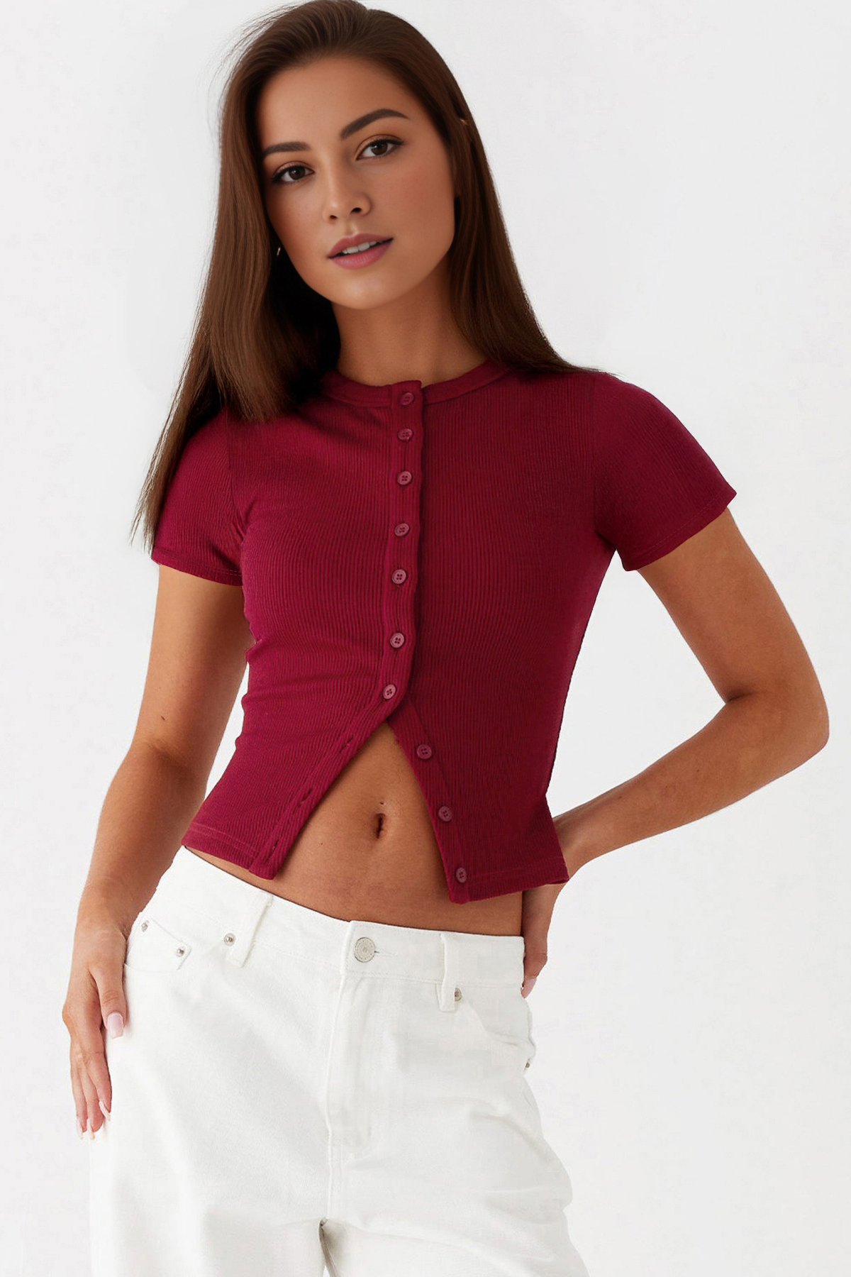 Leisure Solid Color Short Sleeve Button-Up Slim Top