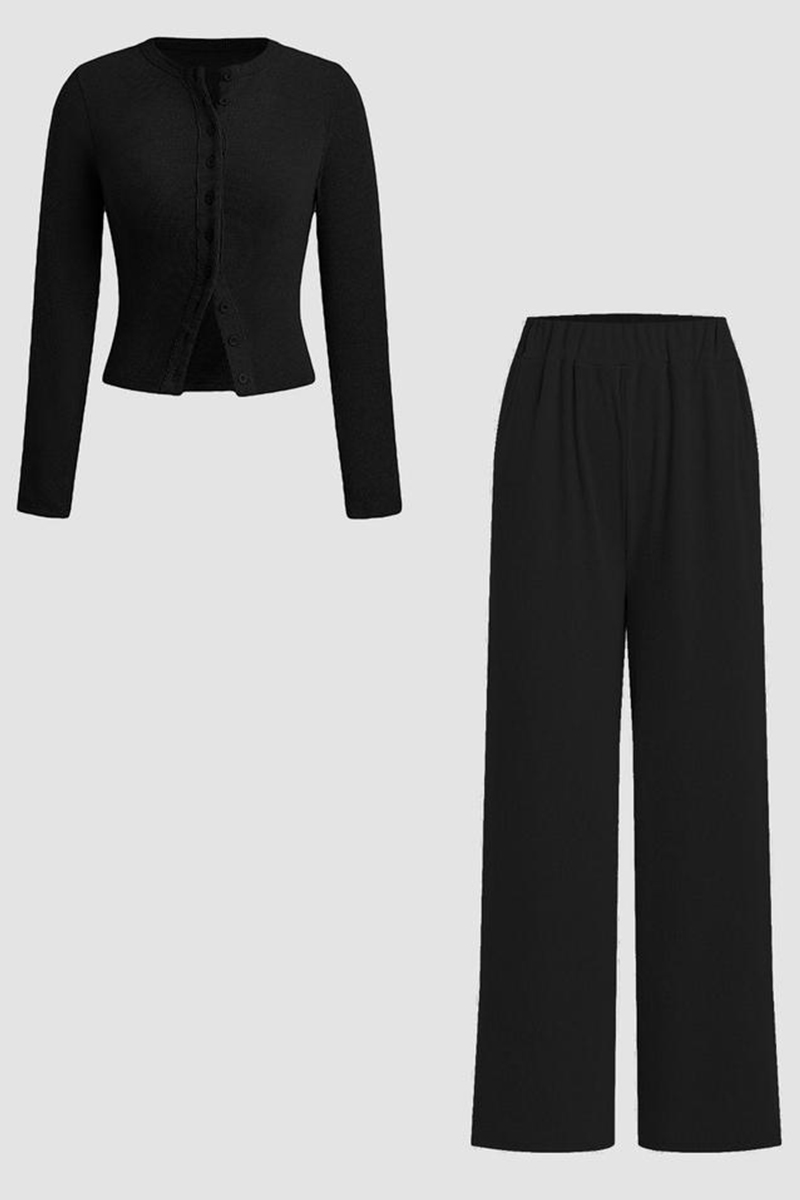 Minimalist Solid Button-Up Top & Wide-Leg Trousers Co-ord-KATCH ME