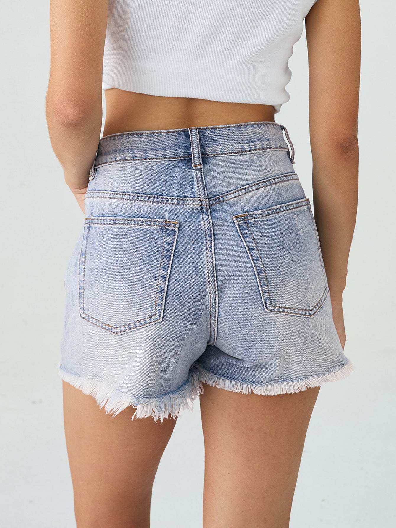 KatchMe Women's Leisure High Waist Raw Hem Pockets Ripped Denim Shorts, Vintage Streetwear Outfits, Versatile Women's Bottom for Spring & Summer