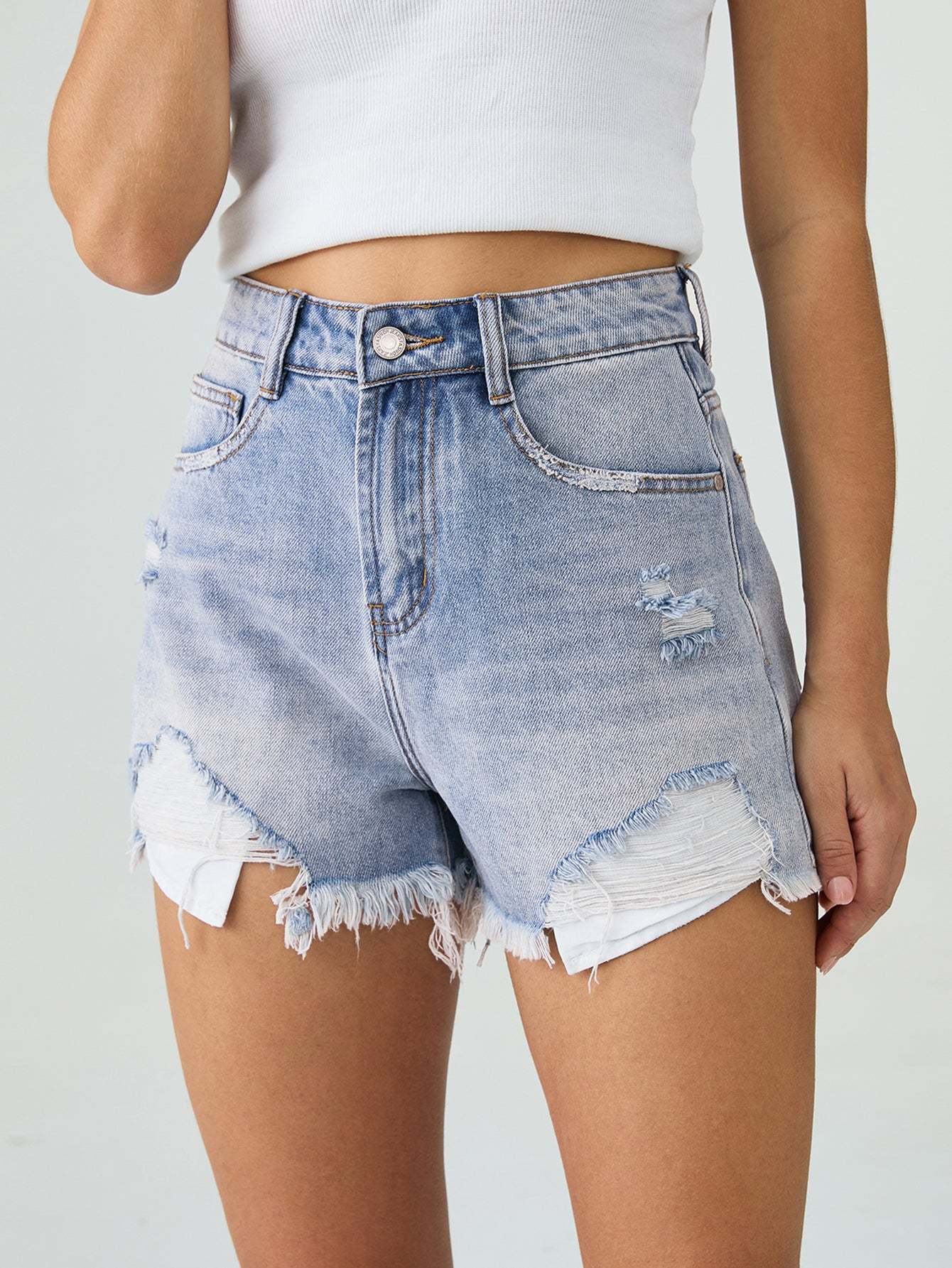KatchMe Women's Leisure High Waist Raw Hem Pockets Ripped Denim Shorts, Vintage Streetwear Outfits, Versatile Women's Bottom for Spring & Summer