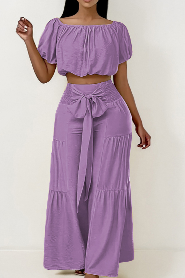 Trendy Scoop Neck Puff Sleeve Crop Top & Knotted Trousers Co-ord