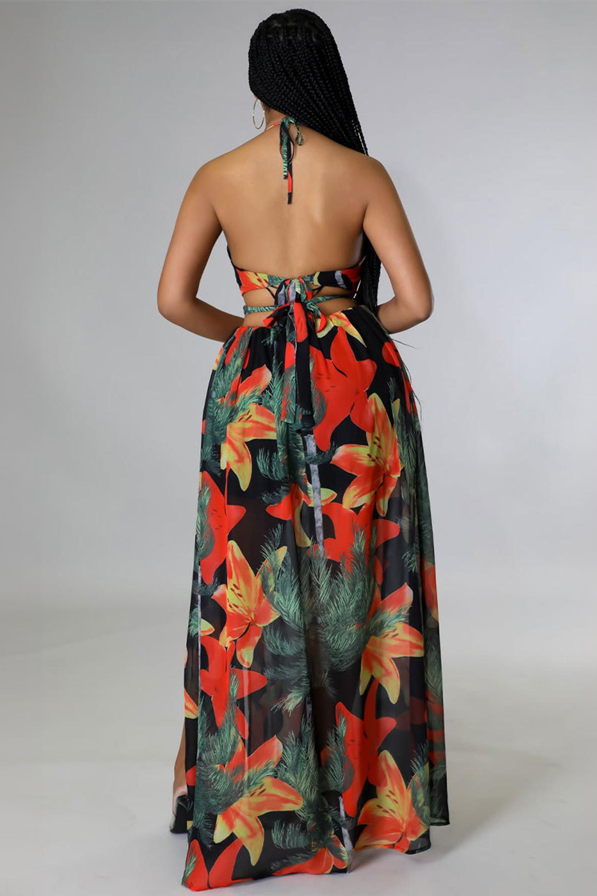 Vibrant Deep V Adjustable Halter Floral Print High Split Maxi Dress