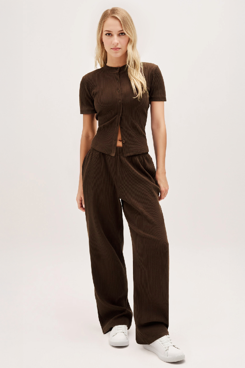 Casual Short Sleeve Button Slim Top & Wide Leg Trousers Co-ord-KATCH ME