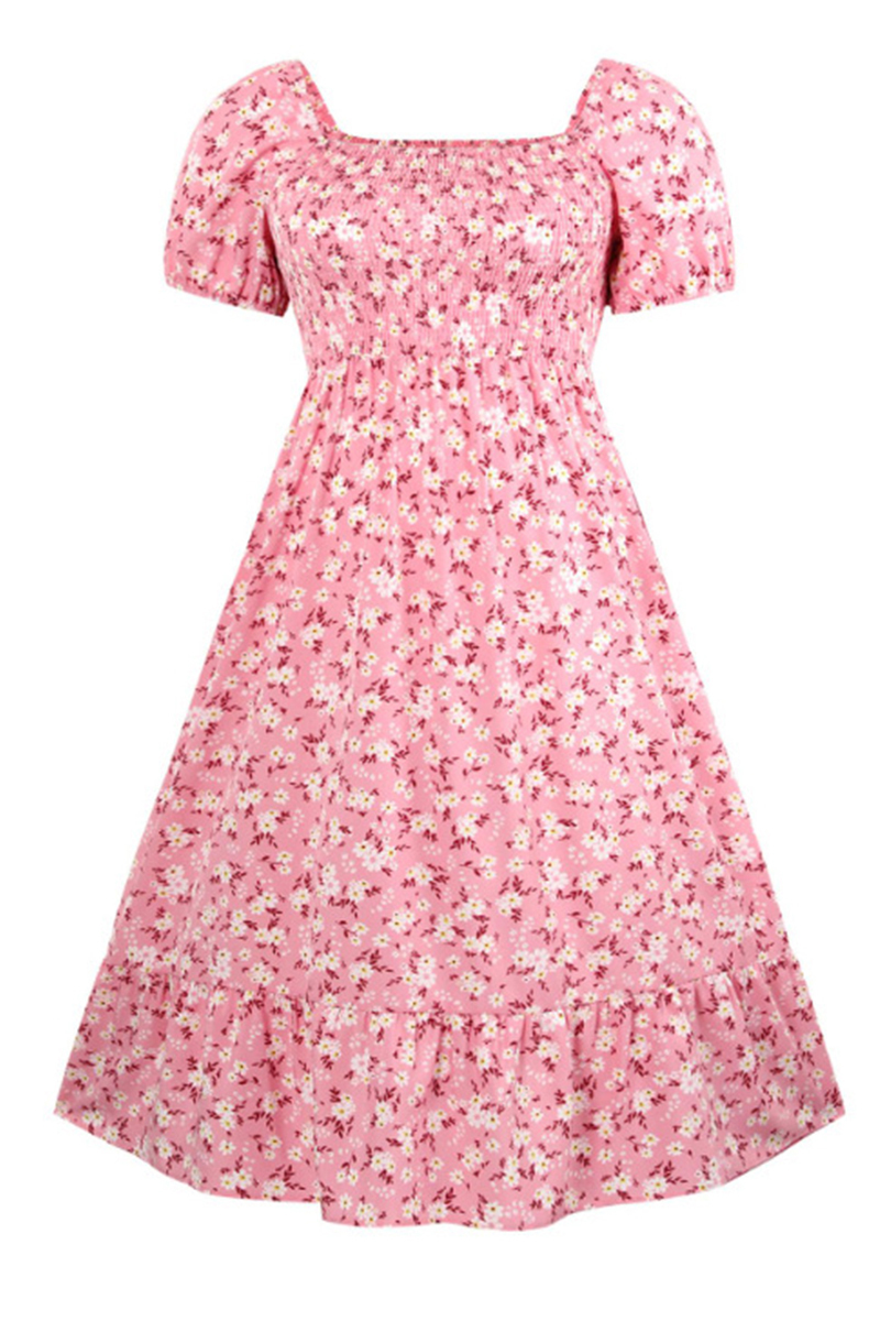 Airy Allover Floral Print Scoop Neck Short Sleeve Pleated Maxi Dress