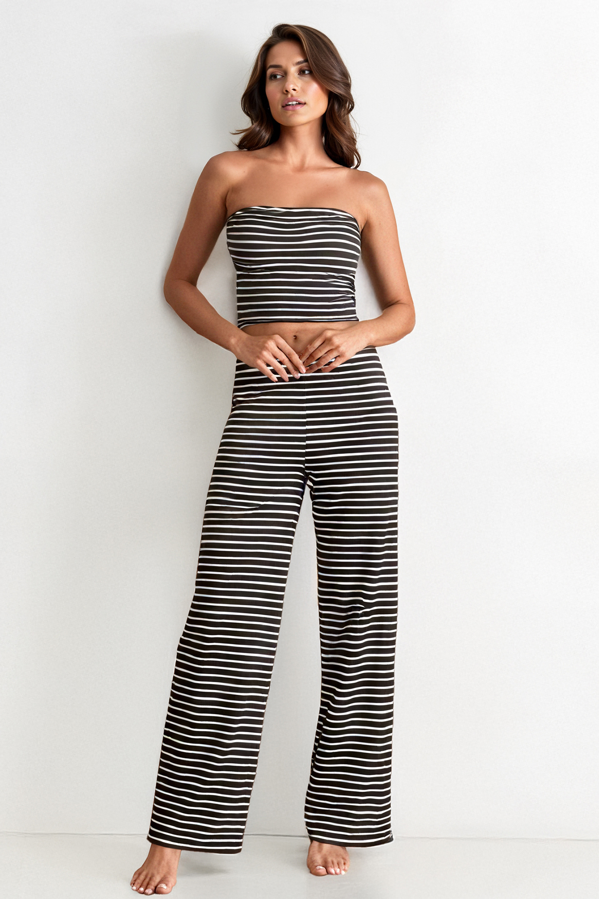 Chic Color Matching Stripe Slim Tube Top & Low-Rise Wide Leg Trousers Co-ord-KATCH ME
