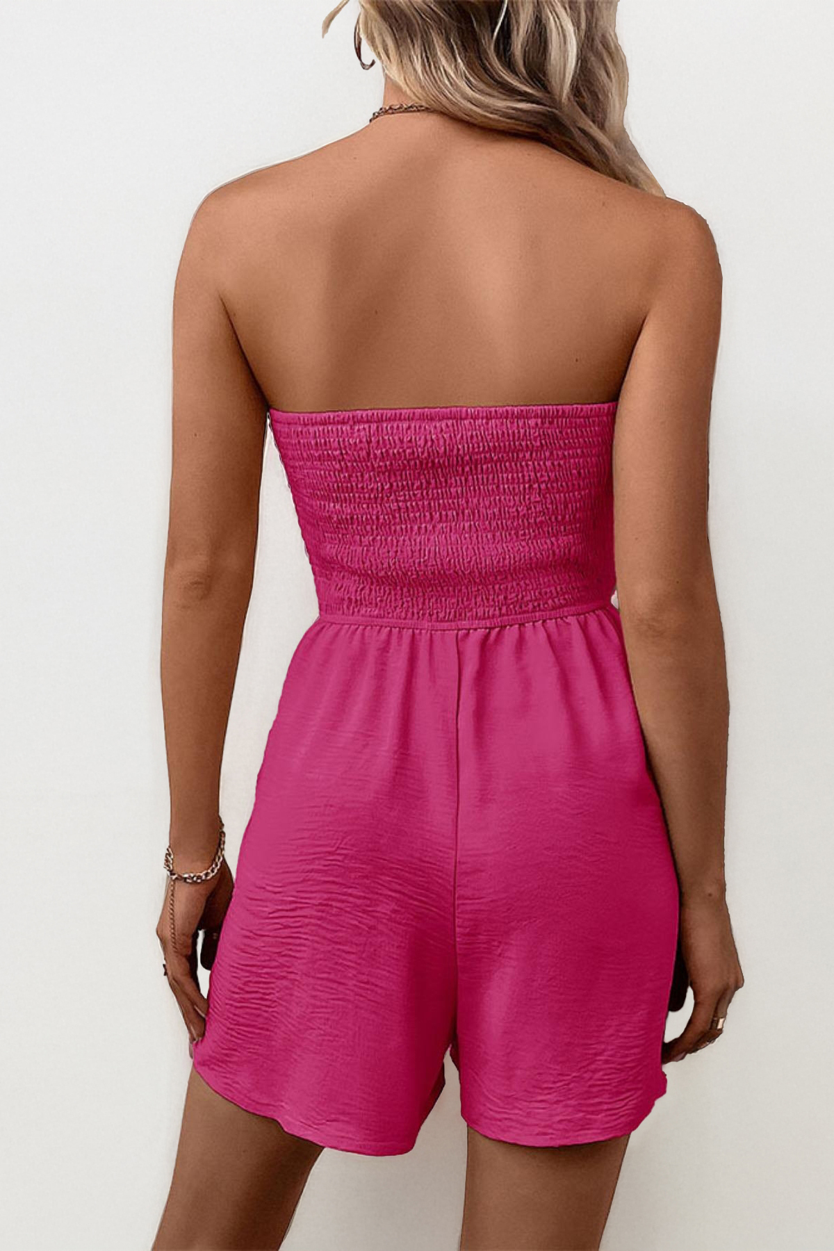 Summer Trendy Solid Color Shirred Partial Button Drawstring Sleeveless Playsuit