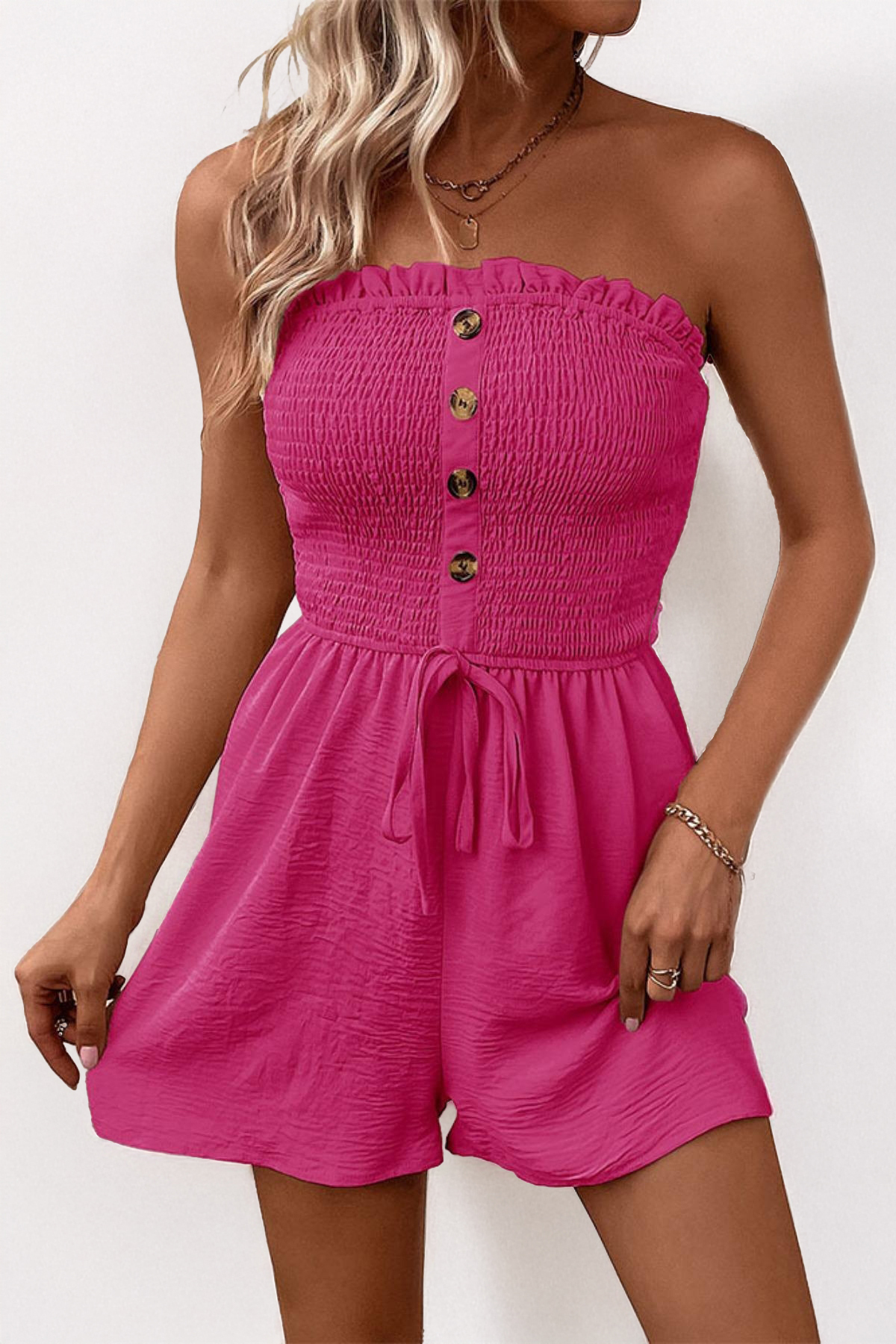 Summer Trendy Solid Color Shirred Partial Button Drawstring Sleeveless Playsuit
