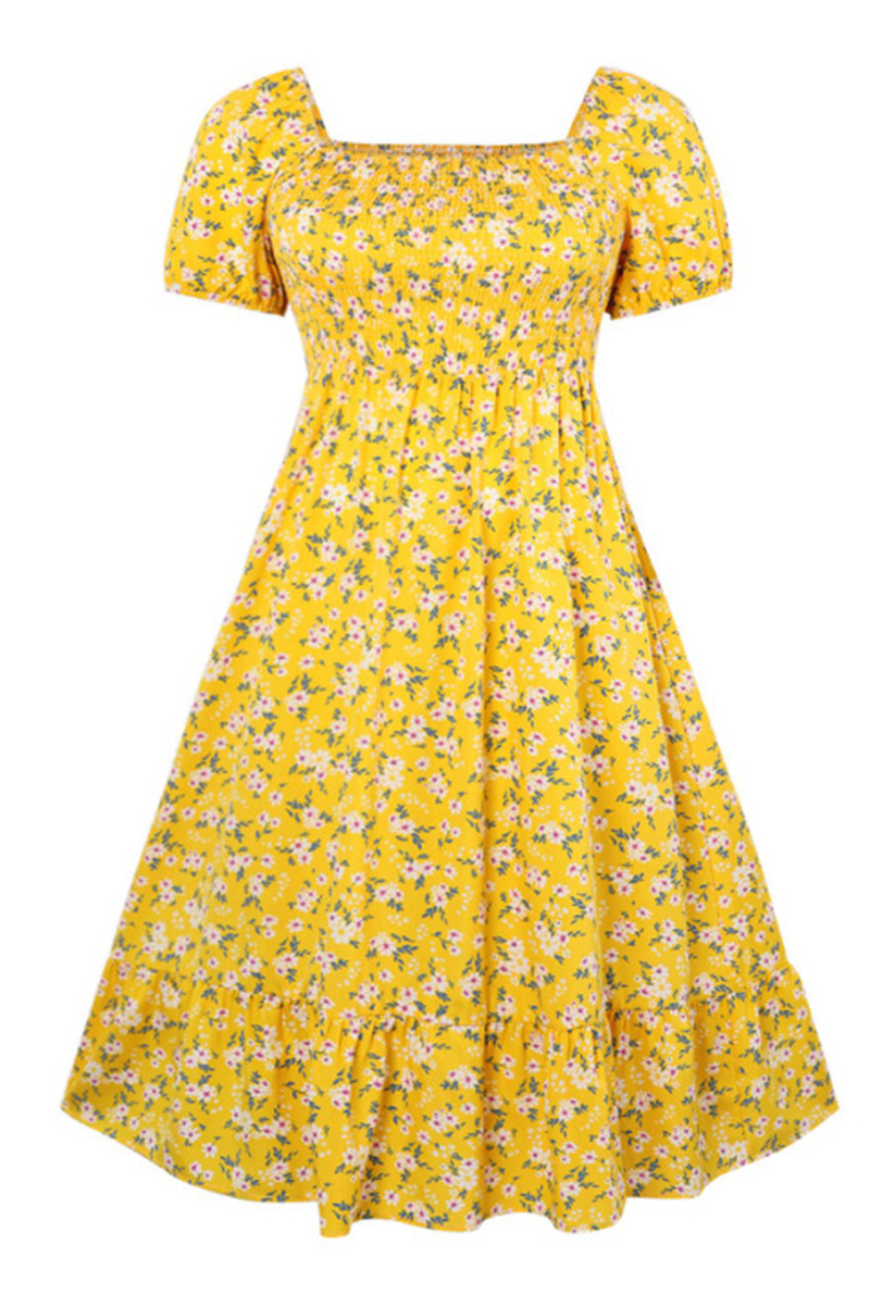 Airy Allover Floral Print Scoop Neck Short Sleeve Pleated Maxi Dress