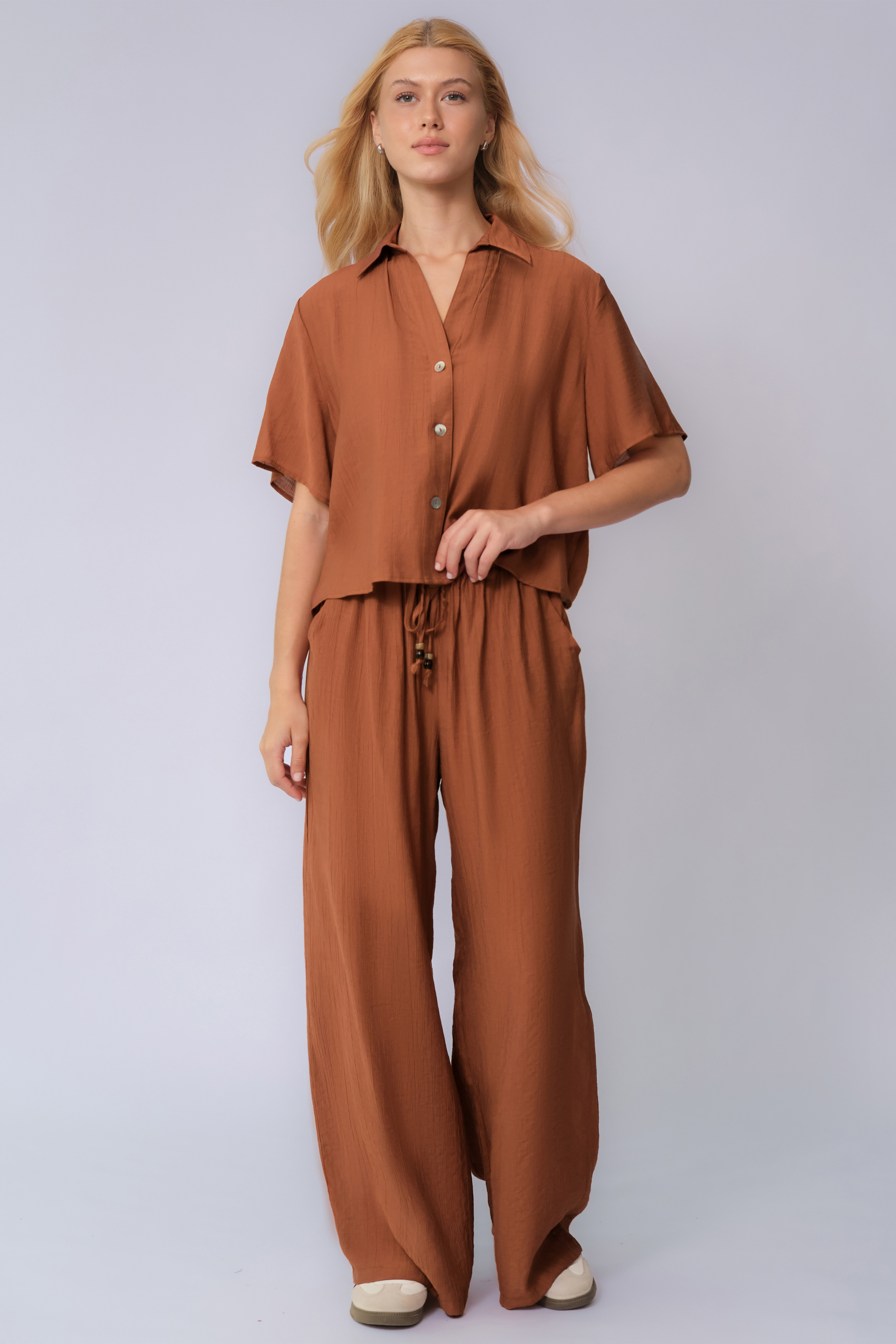 Classy Solid Color Collared Shell Button Loose Top & Drawstring Wide L