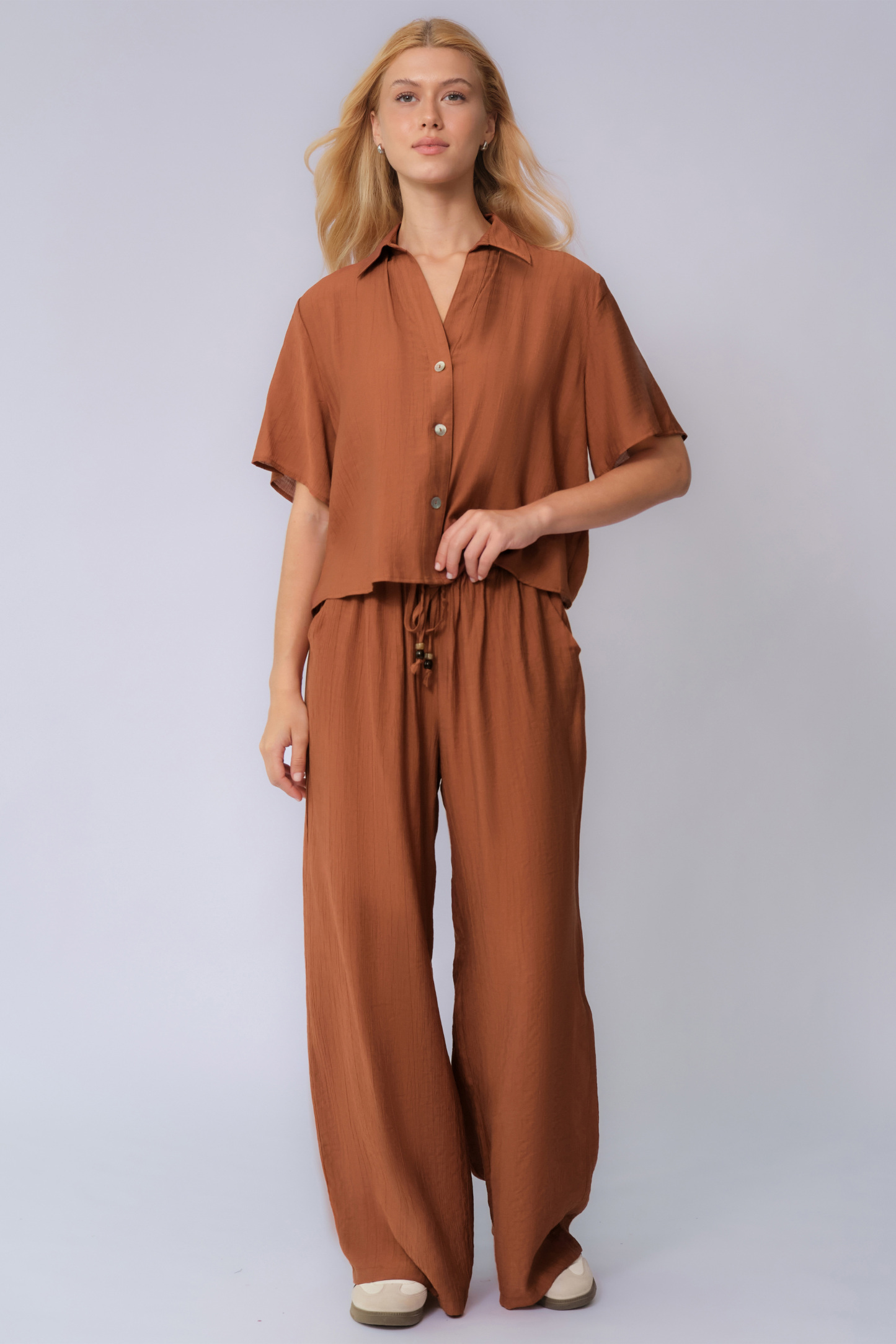 Classy Solid Color Collared Shell Button Loose Top & Drawstring Wide L