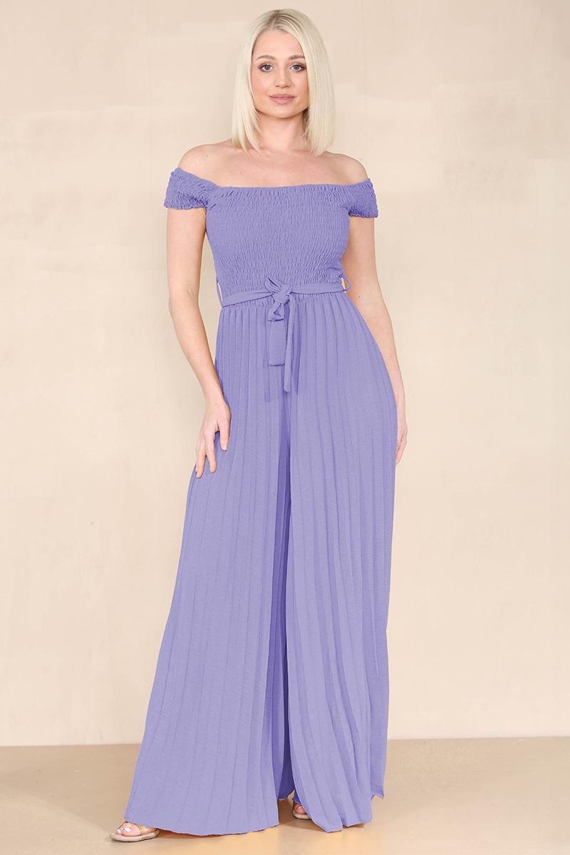 Trendy Off The Shoulder Waist Tie Pleated Jumpsuit