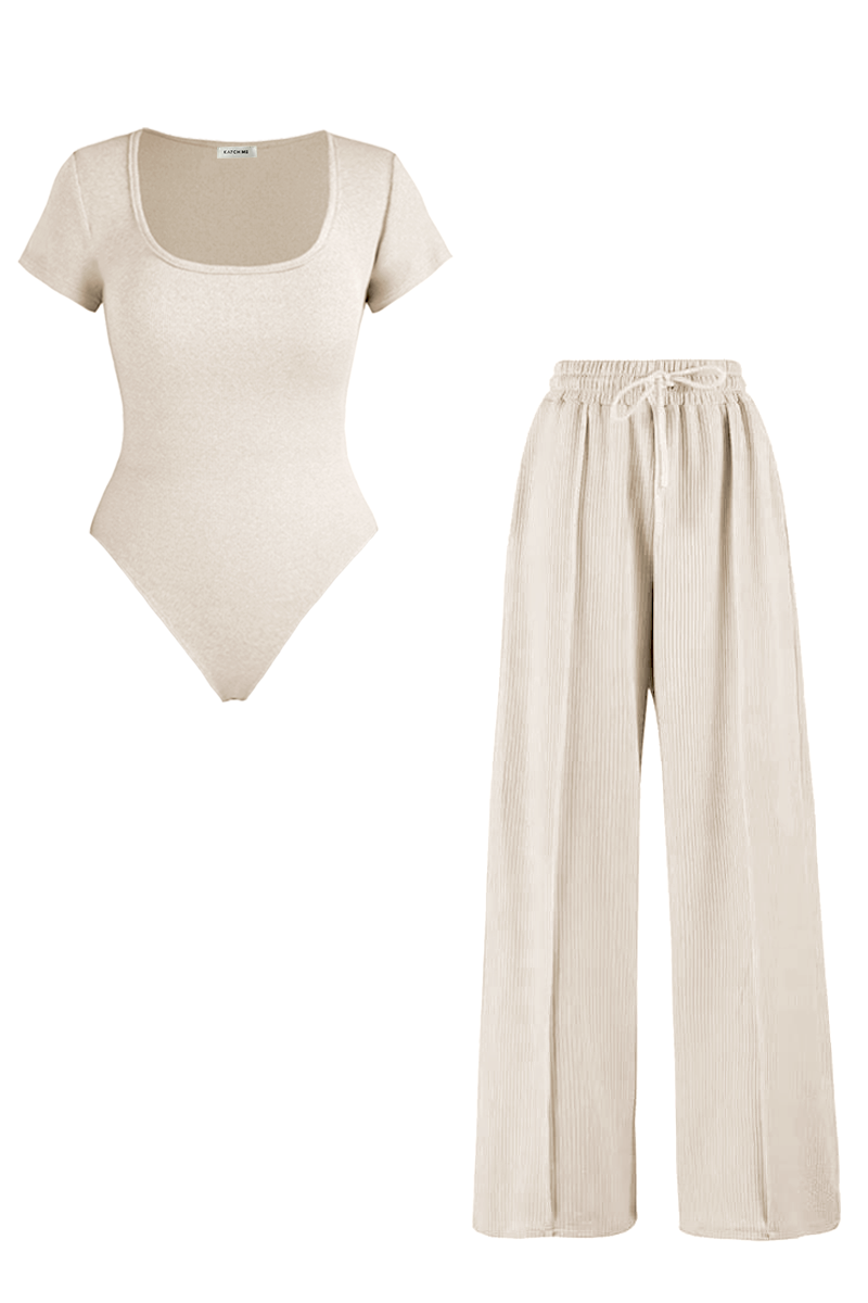 Trendy Square Neck Shaping Bodysuit & Wide Leg Trousers Co-ord