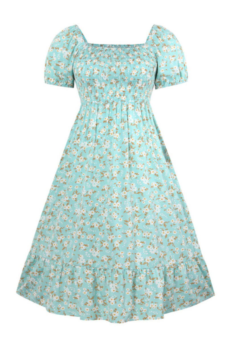 Airy Allover Floral Print Scoop Neck Short Sleeve Pleated Maxi Dress
