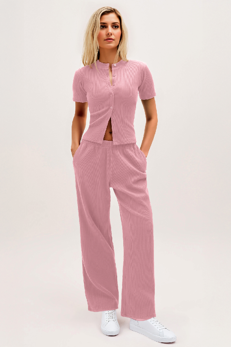 Casual Short Sleeve Button Slim Top & Wide Leg Trousers Co-ord-KATCH ME