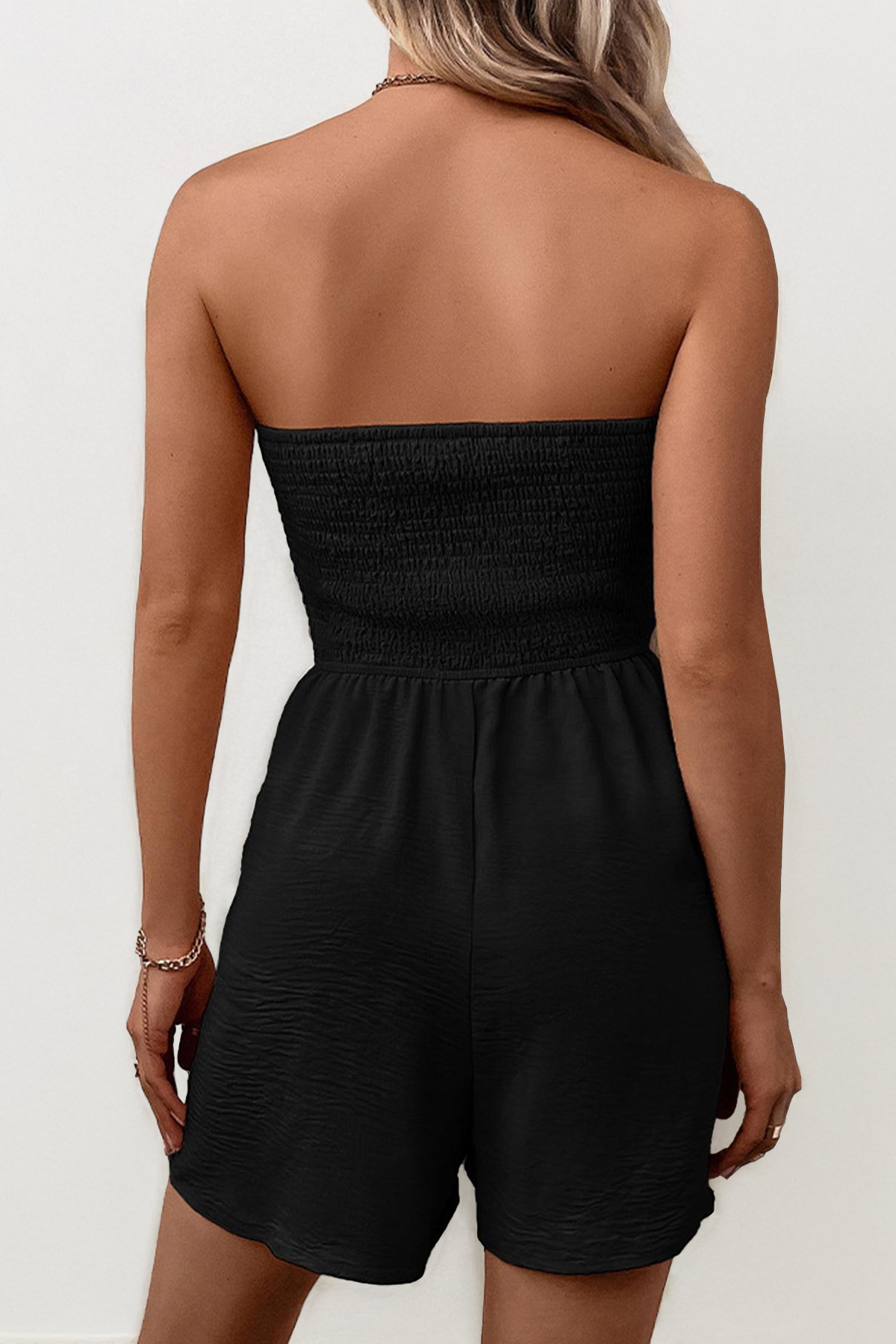 Summer Trendy Solid Color Shirred Partial Button Drawstring Sleeveless Playsuit