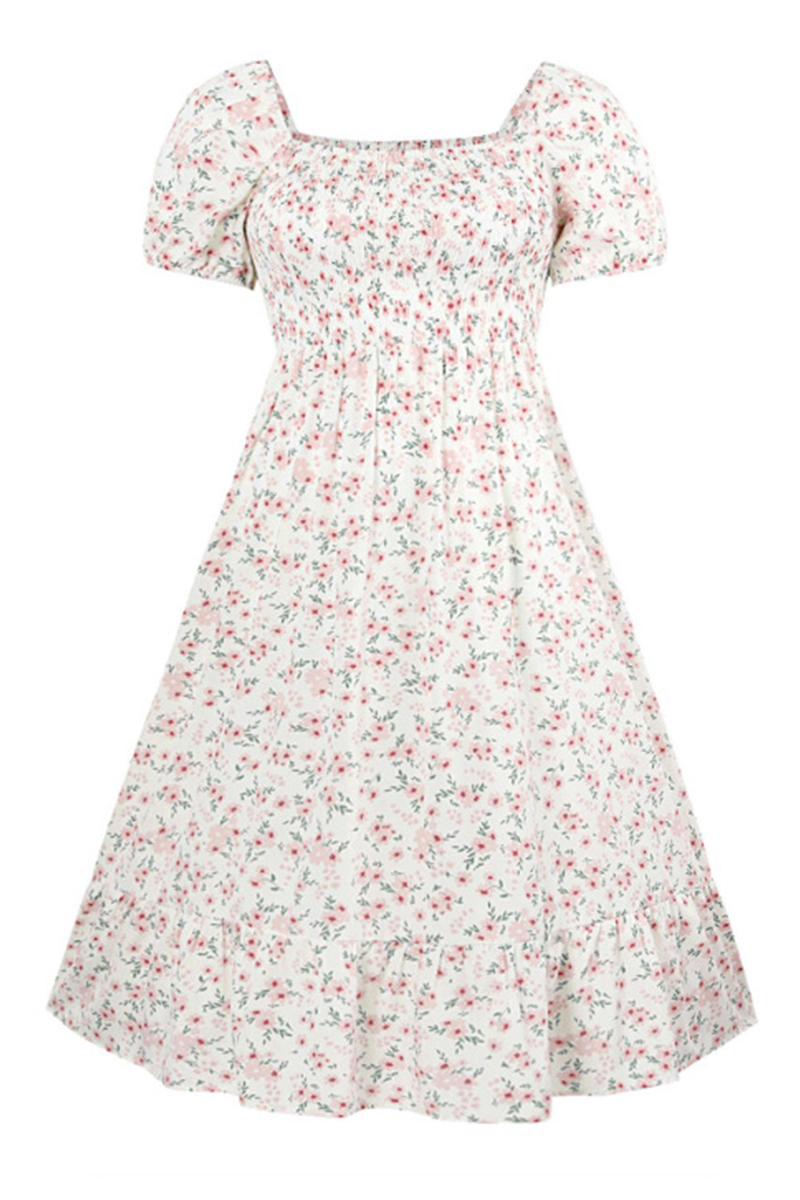 Airy Allover Floral Print Scoop Neck Short Sleeve Pleated Maxi Dress